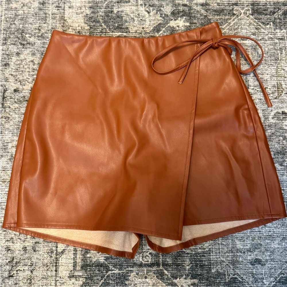 Brown Faux Leather Wrap Skort